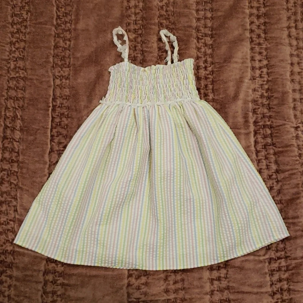 Seersucker Smocked Pastel Rainbow Striped Summer Dress baby toddler girl 12-18m